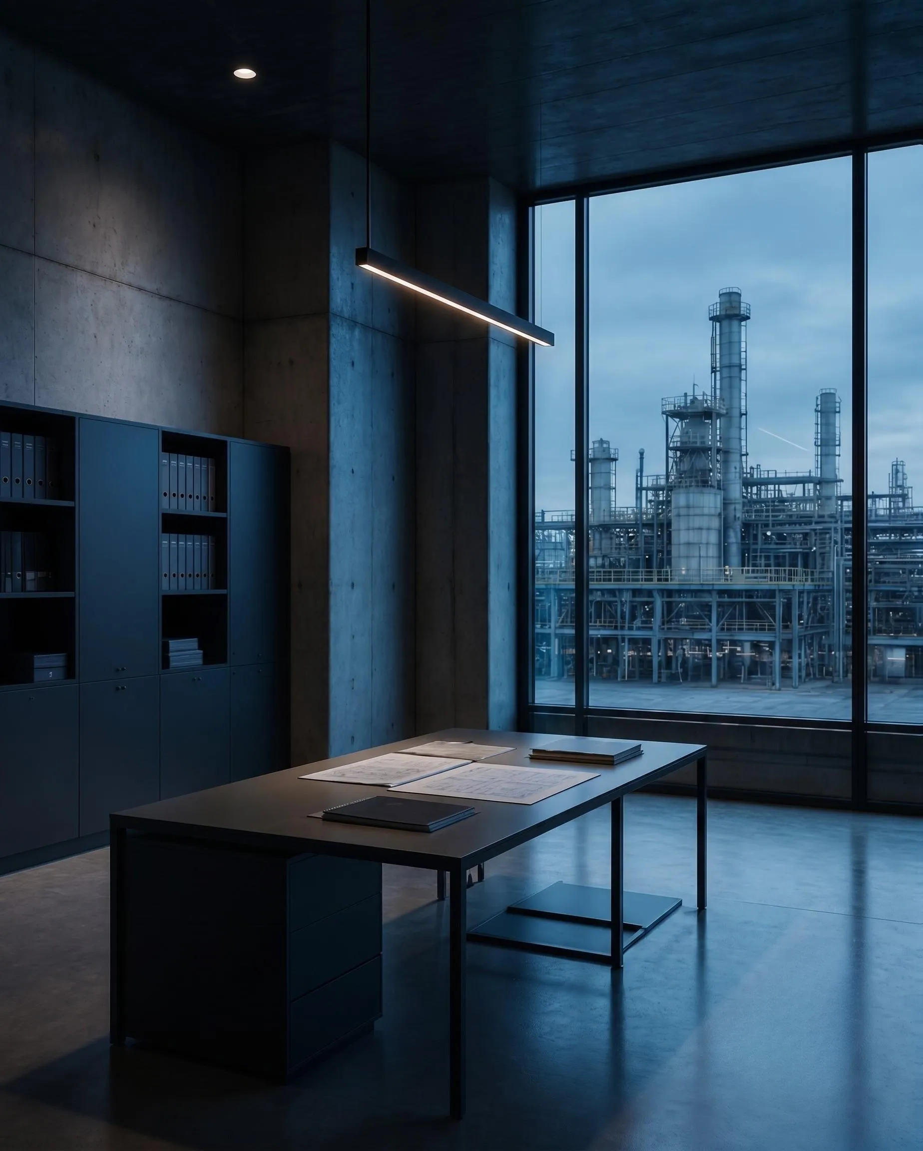 Sala de auditoría técnica con vista a una infraestructura industrial al amanecer